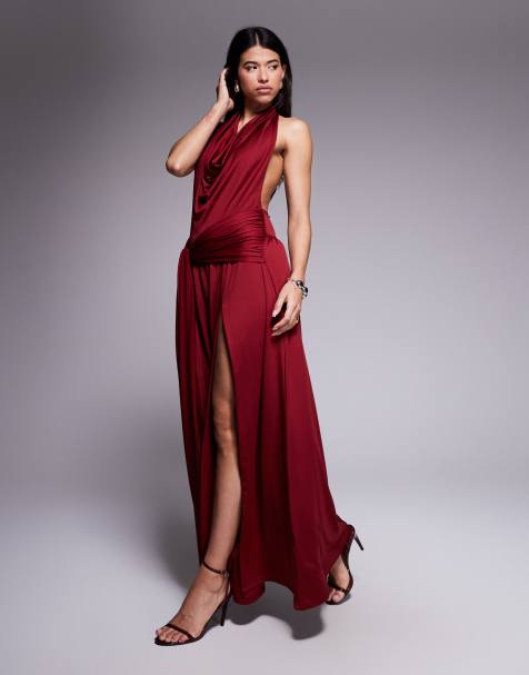 Aria Cove slinky cowl neck exposed back drape front detail thigh slit maxi dress in burgundy - view 1