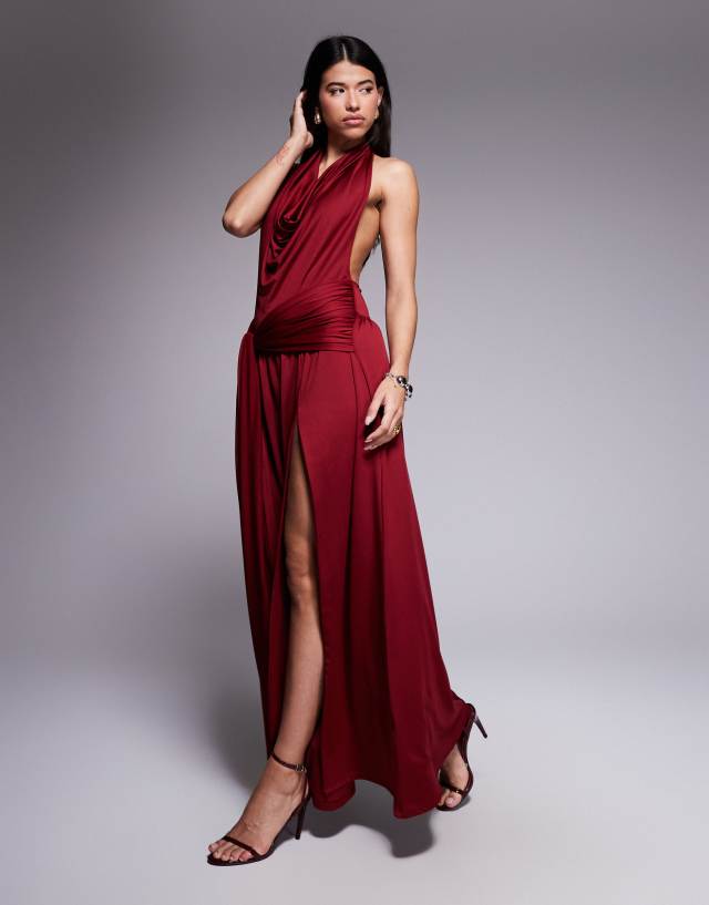 Aria Cove slinky cowl neck exposed back drape front detail thigh slit maxi dress in burgundy