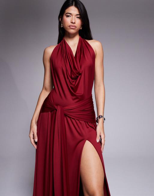 Aria Cove slinky cowl neck exposed back drape front detail thigh