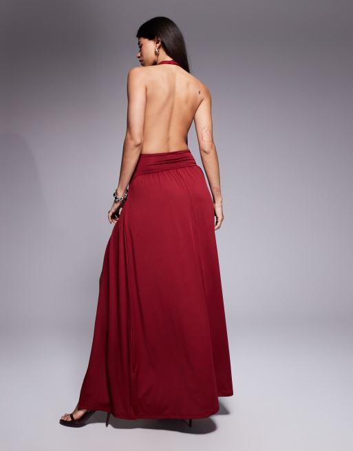 Aria Cove slinky cowl neck exposed back drape front detail thigh split maxi dress in burgundy