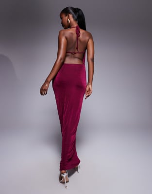 Aria Cove Slinky Deep Cowl Neck Open Tie Back Maxi Dress