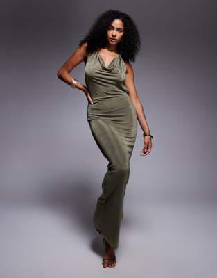 slinky deep cowl neck open tie back maxi dress in khaki-Green