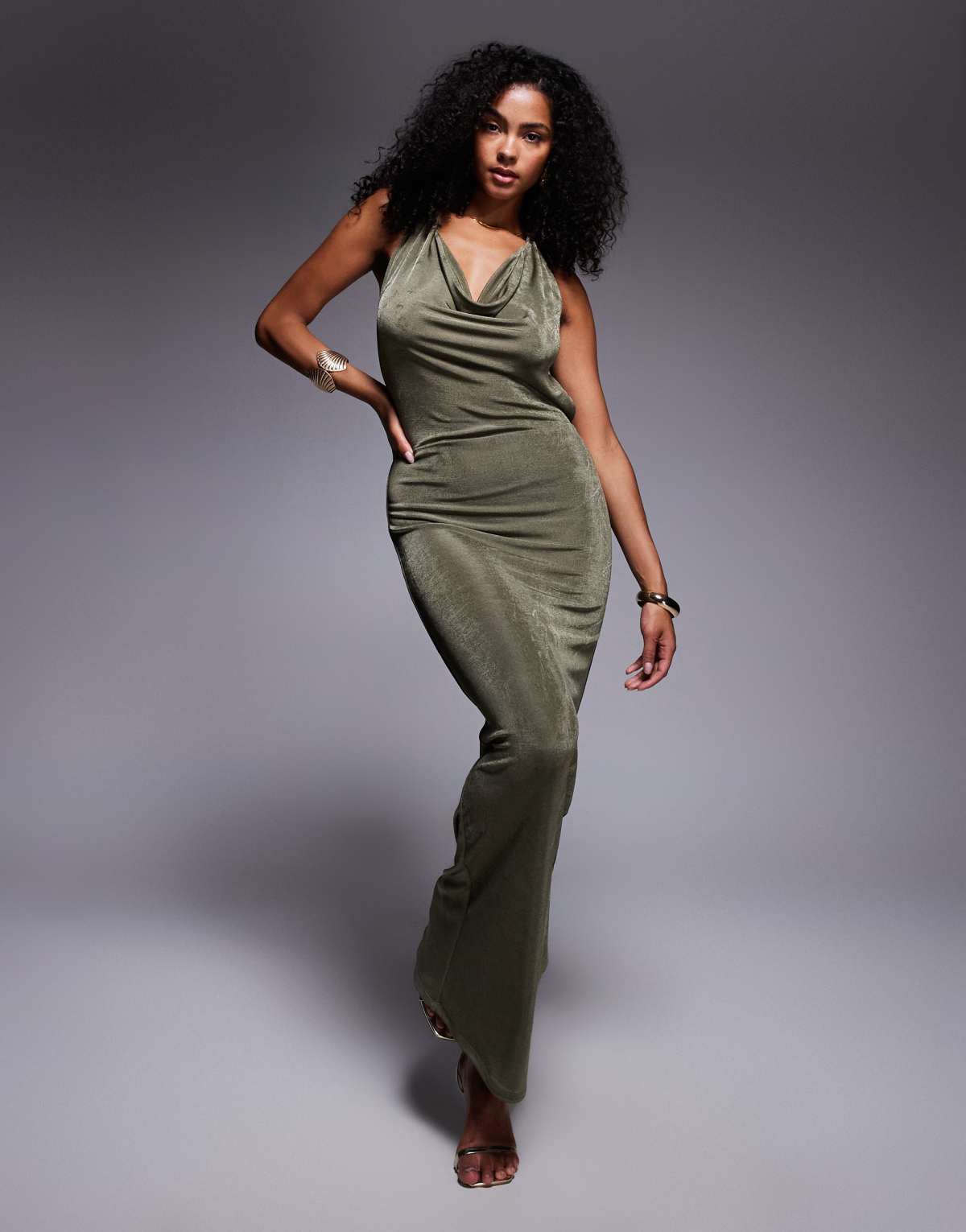Aria Cove slinky deep cowl neck open tie back maxi dress in khaki