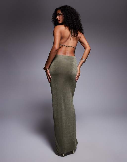 Aria Cove slinky deep cowl neck open tie back maxi dress in khaki, 3 of 4