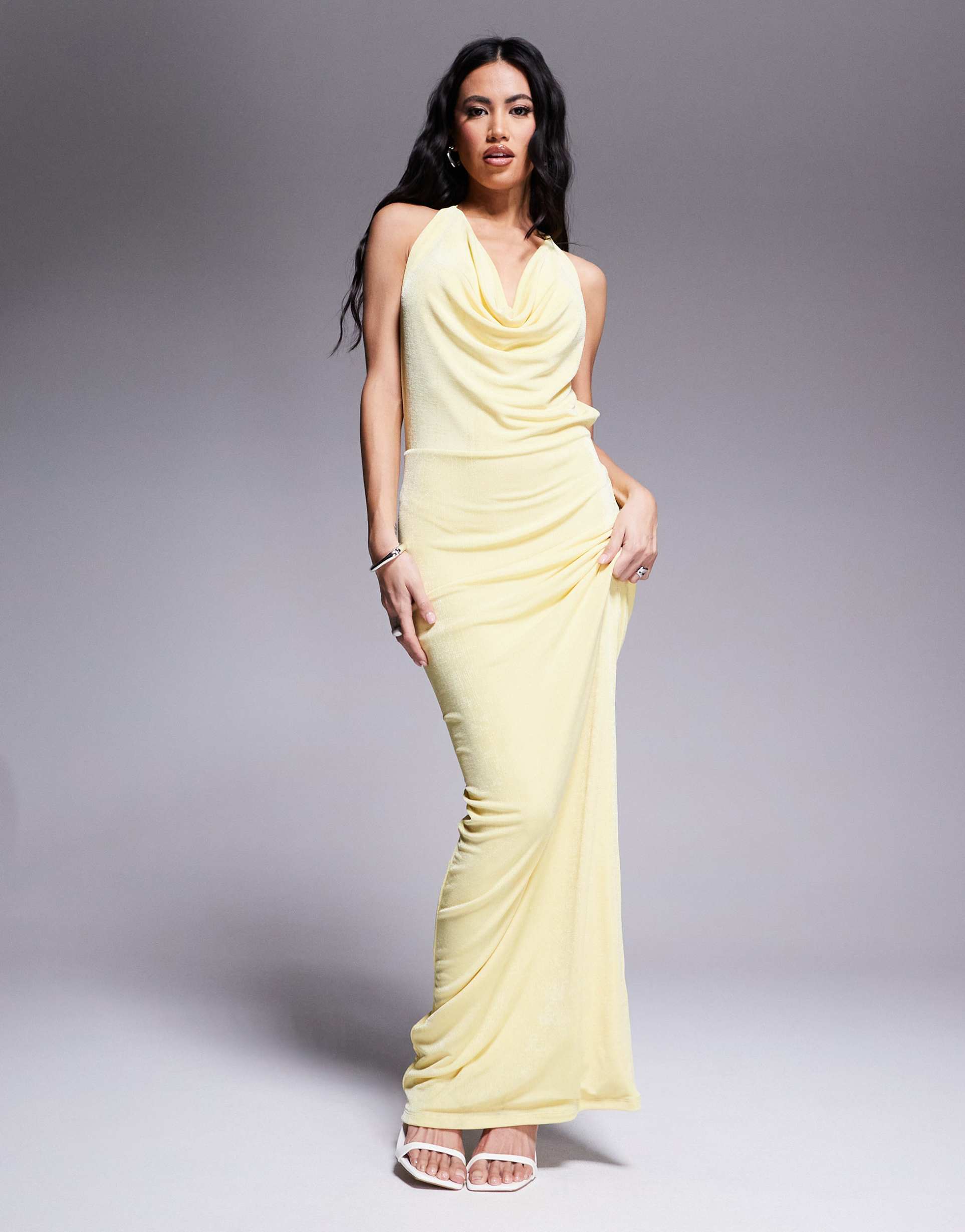 aria cove slinky deep cowl neck open tie back maxi dress in yellow