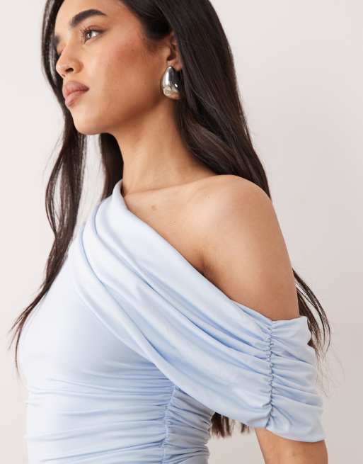 Aria Cove slinky drape asymmetric shoulder mini dress in baby blue, 3 of 4