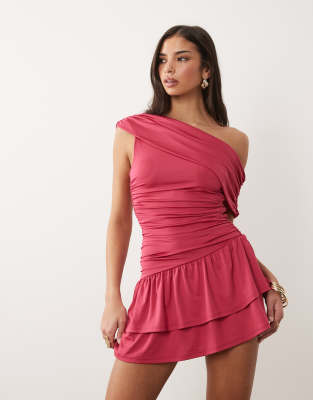Aria Cove slinky drape asymmetric shoulder mini dress in bright pink