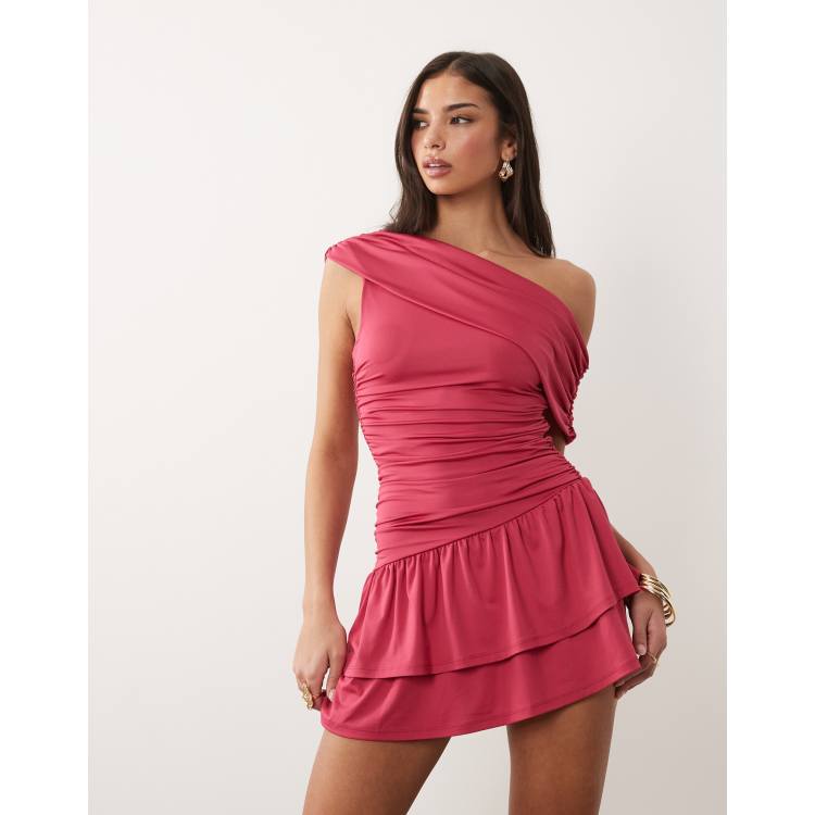Aria Cove slinky drape asymmetric shoulder mini dress in bright pink | ASOS