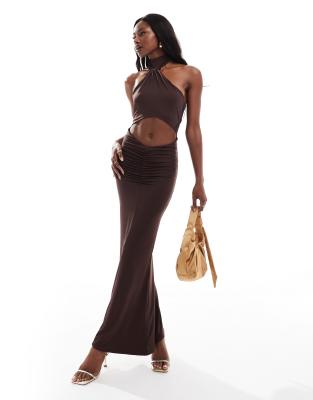 Aria Cove Aria Cove slinky halter neck cut out detail maxi dress in chocolate-Brown