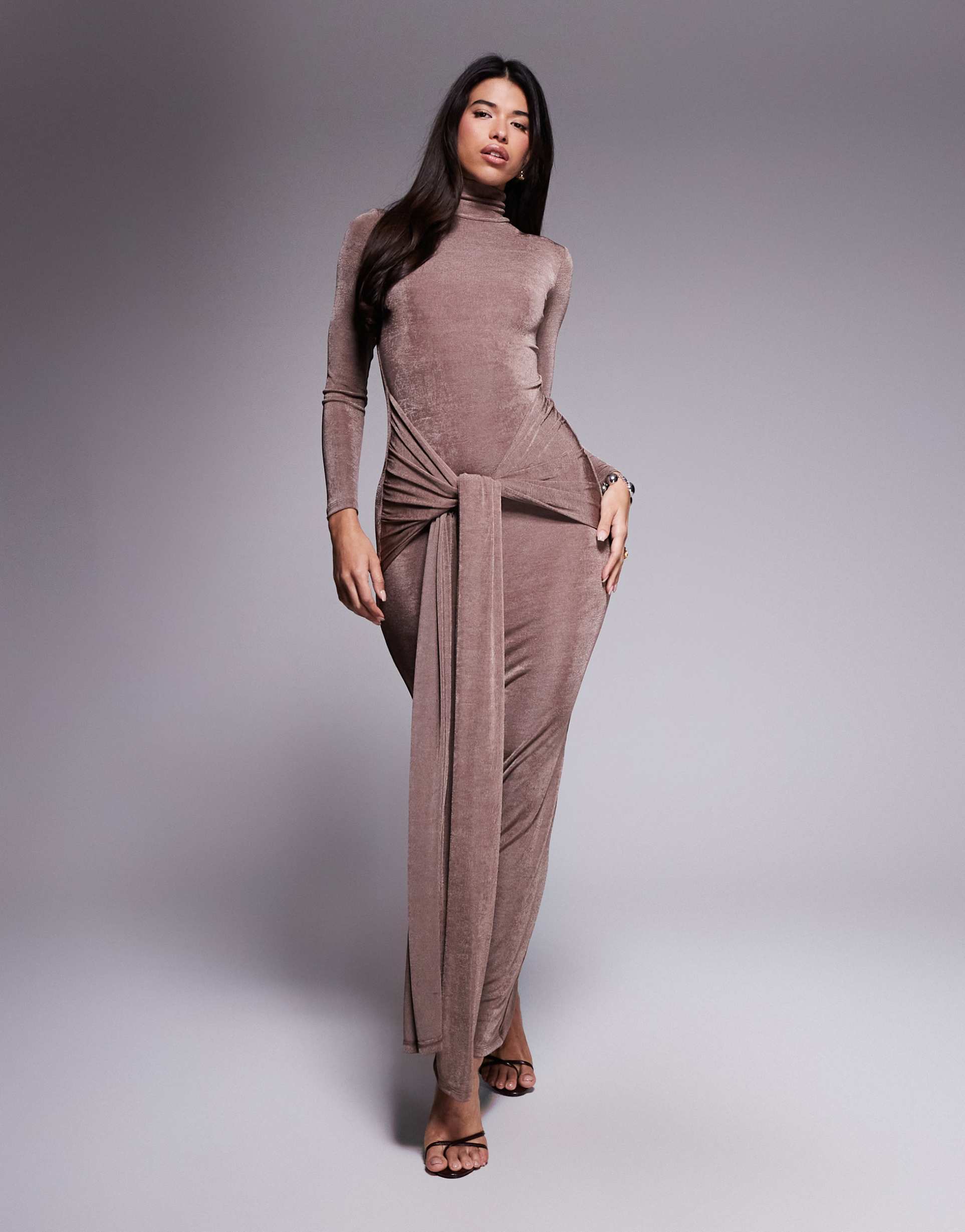 aria cove slinky high neck knot drape front maxi dress in mocha