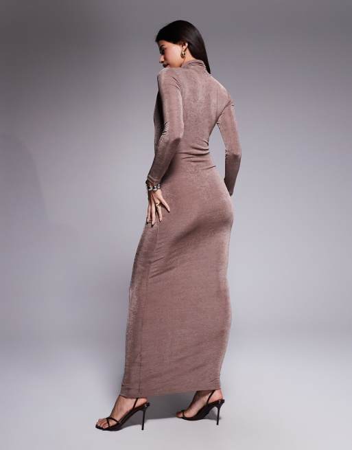 Aria Cove slinky high neck knot drape front maxi dress in mocha, 3 of 4