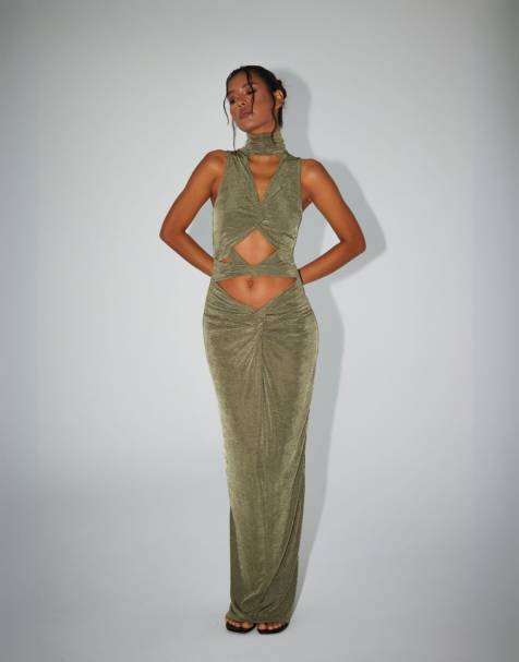 Aria cove slinky high neck maxi dress with cut out detail in khaki - view 1