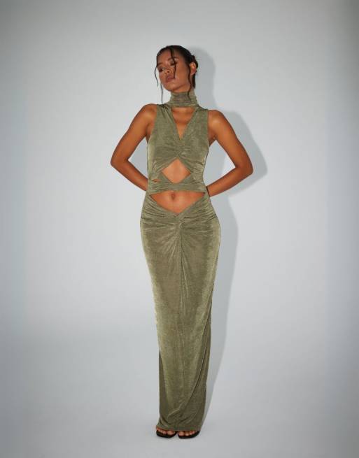 Aria cove slinky high neck maxi dress with cut out detail in khaki