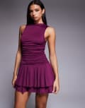 [Aria Cove] Aria Cove slinky high neck sleeveless ruched waist ruffle skirt mini dress in purple 14 PURPLE