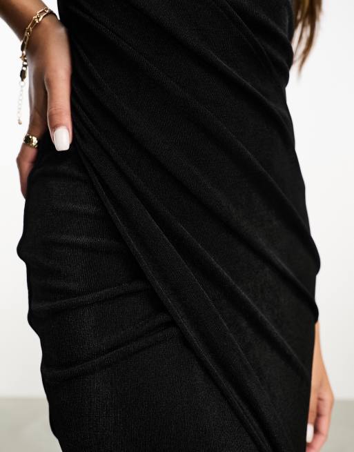Aria Cove slinky one shoulder thigh split maxi dress in black, 3 of 4