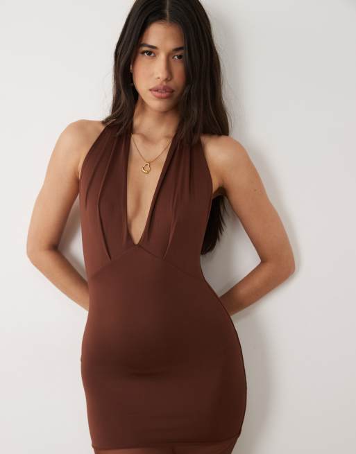 aria mesh plunge mini dress in brown Aria Mesh Plunge Mini Dress in Brown