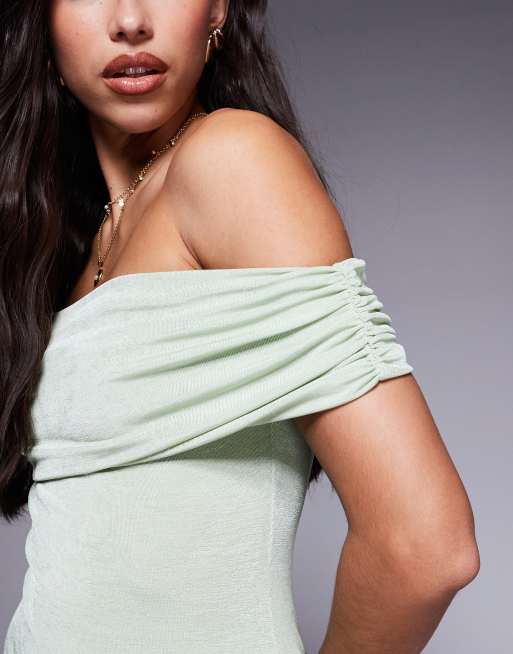 slim fit dress slacks Chi Chi London Bardot Ruched Midi Dress, Green Size: 8