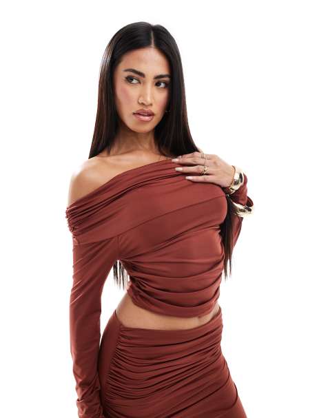 Aria Cove slinky ruched bardot long sleeve top co-ord in rust - view 1