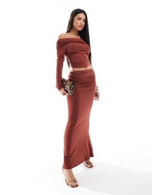 Aria Cove Aria Cove slinky ruched column maxi skirt co-ord in rust-Orange