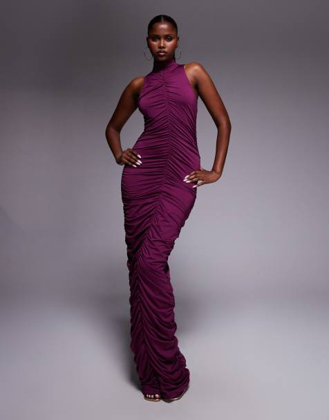 Aria Cove slinky ruched high neck bodycon maxi dress in purple - view 1