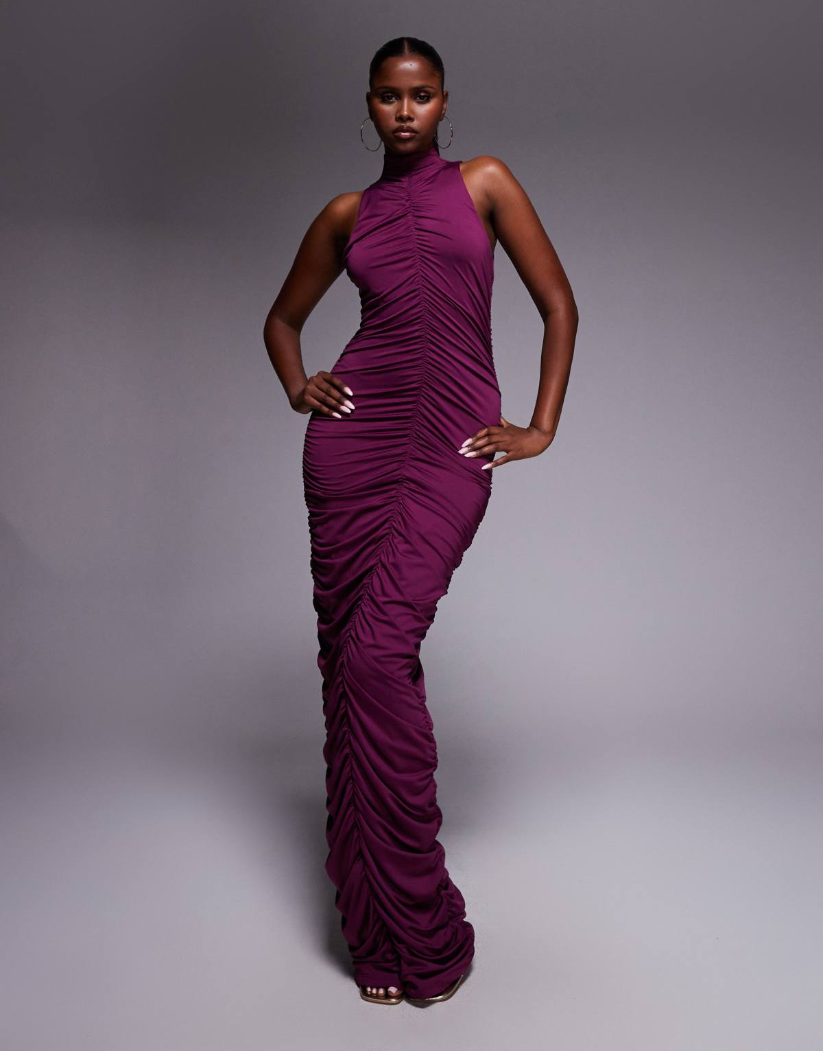 Aria Cove slinky ruched high neck bodycon maxi dress in purple