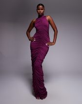 Kaiia exclusive double layered slinky lace asymmetric scarf neck sheer hem maxi dress in red