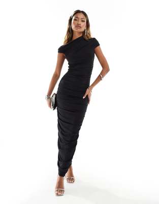 aria cove slinky ruched off shoulder maxi dress in black