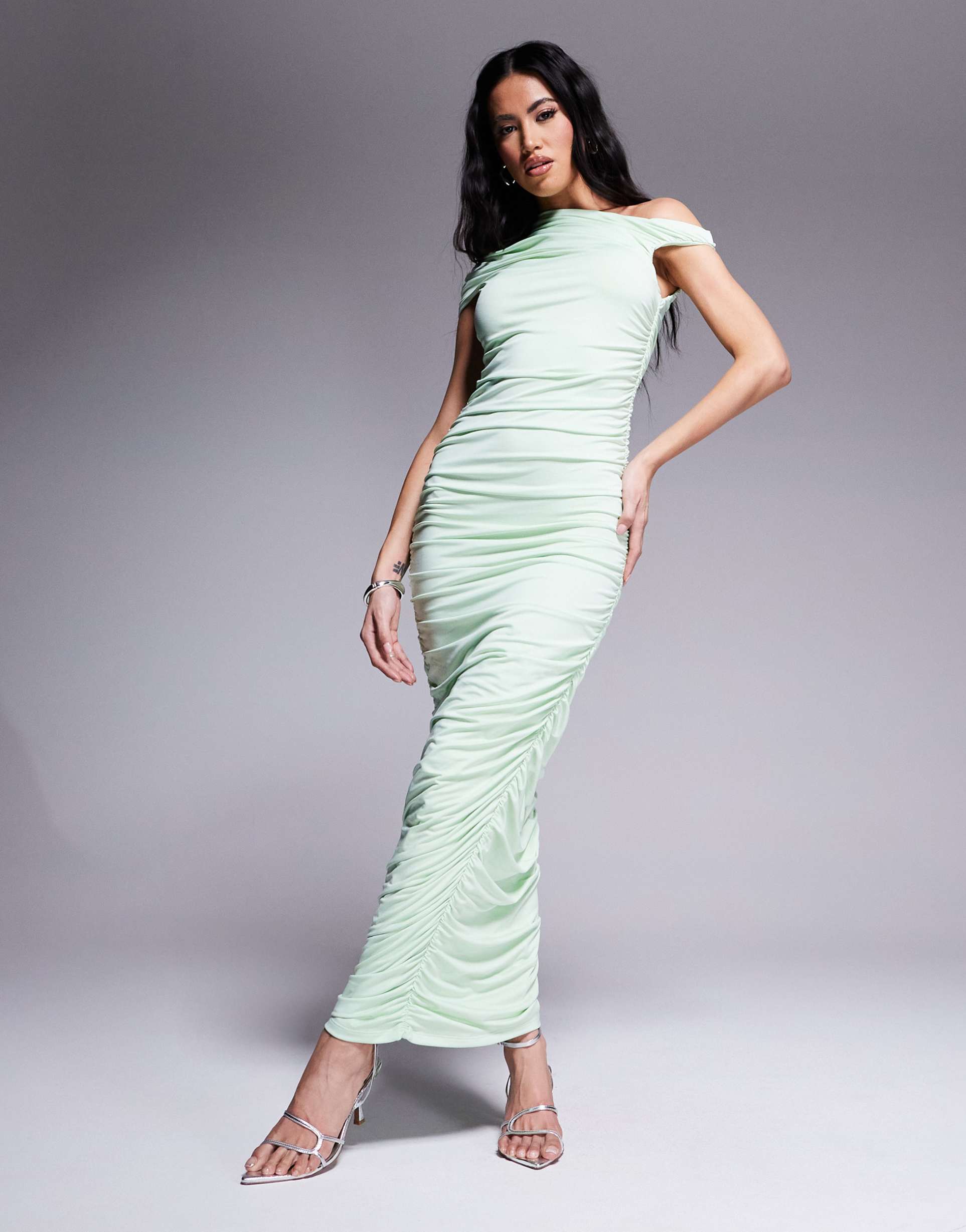 aria cove slinky ruched off shoulder maxi dress in pistachio