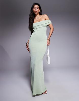 slinky ruched off the shoulder bodycon maxi dress in green