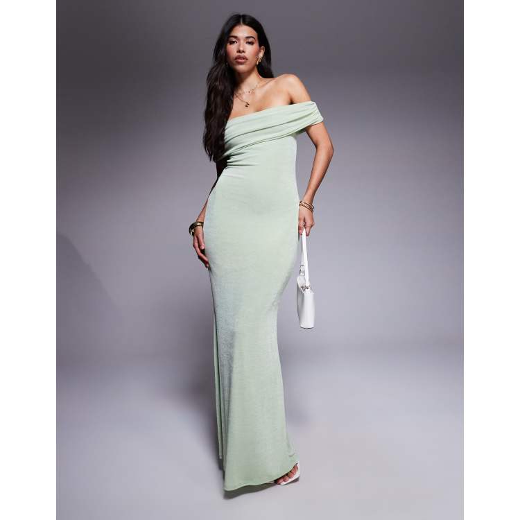 Aria Cove slinky ruched off the shoulder bodycon maxi dress in green | ASOS