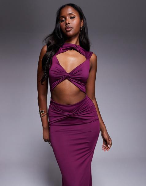 Aria Cove double layered slinky cut out high neck twist front maxi dress in plum