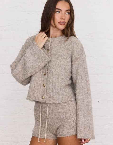 Aria Cove slouchy ribbed knit wide sleeve cardigan and shorts in camel - view 1