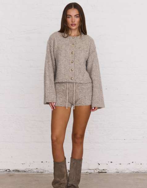 Aria Cove slouchy ribbed knit wide sleeve cardigan co-ord in camel - view 1