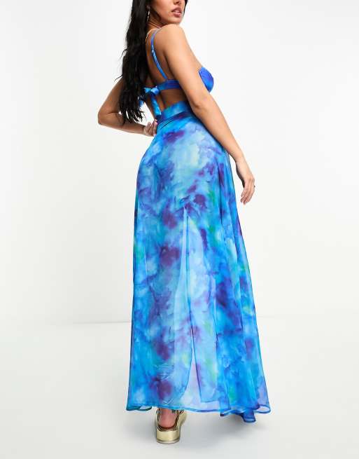 Aria Cove split front tie waist beach skirt co-ord in blue marble print, 2 of 4