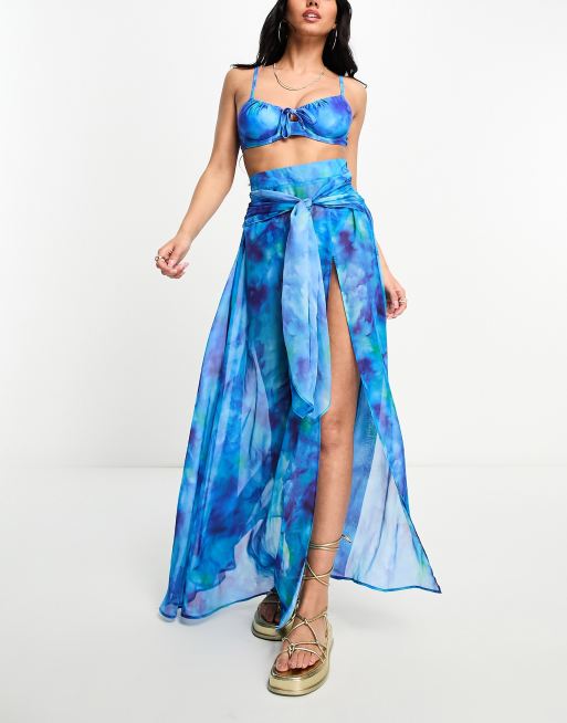Aria Cove split front tie waist beach skirt co-ord in blue marble print, 4 of 4