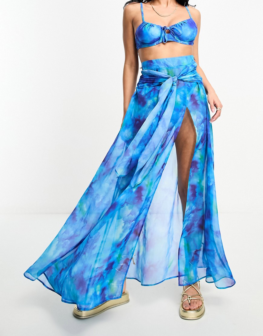 Aria Cove split front tie waist beach skirt in blue marble print - part of a set-Multi