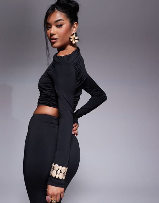 Aria Cove - Stram sort croptop med lange ærmer og offshoulder - Del af sæt, 4 af 4