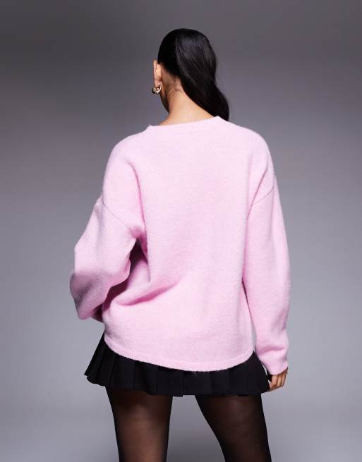 Aria Cove – Strickpullover in Rosa mit Rundhalsausschnitt und geripptem Bündchen, 4 von 4