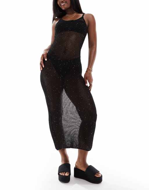 Aria Cove - Strikket maxi-strandkjole med cami-stropper og pailletter i sort
