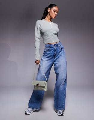 Aria Cove Structured Rib Knit Waist Deep Cuff Cropped Cardigan In Gray
