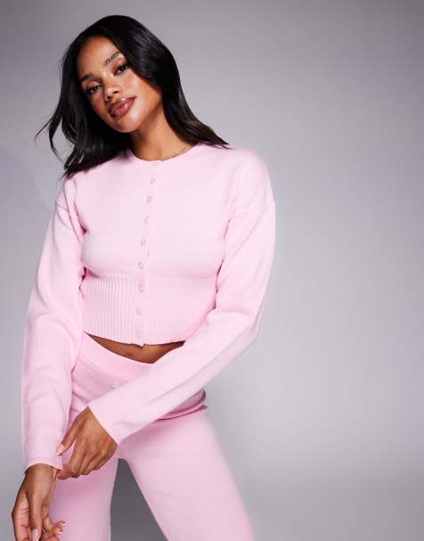 Aria Cove structured ribbed waist cropped cardigan co-ord in pink - view 1