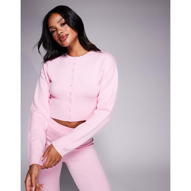 Aria Cove structured ribbed waist cropped cardigan in pink - part