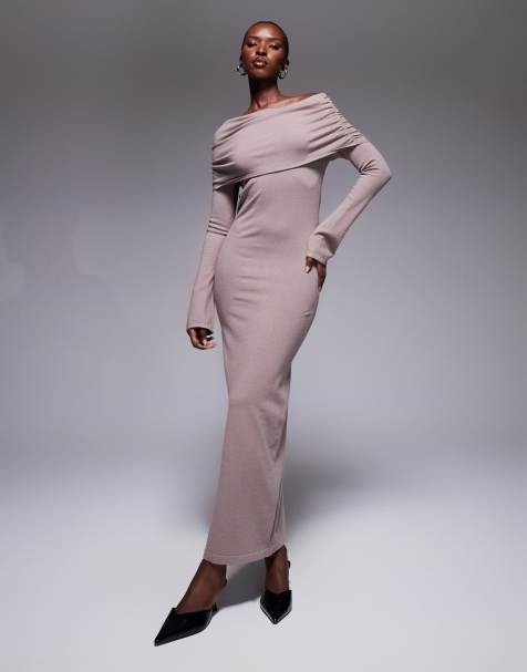 Aria Cove knitted ruched deep bardot maxi dress in mocha