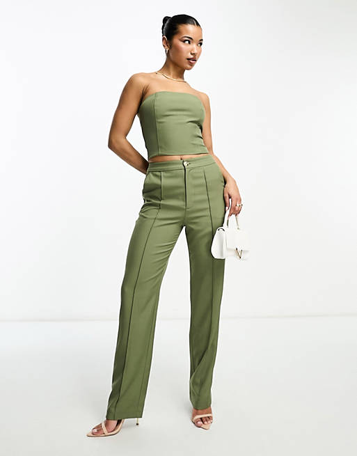 Aria Cove zip detail corset top and tailored pants set in olive | ASOS