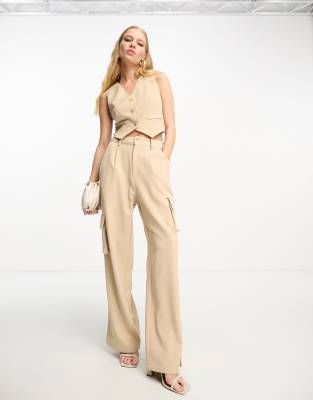 Aria Cove tailored wide leg cargo trouser with pocket detail co-ord in sand - ASOS Price Checker