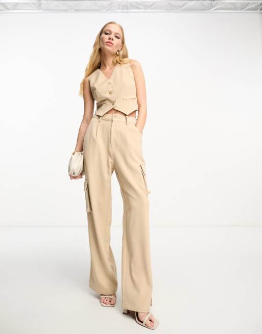 Aria Cove tailored wide leg cargo pants with pocket detail in sand - part of a set