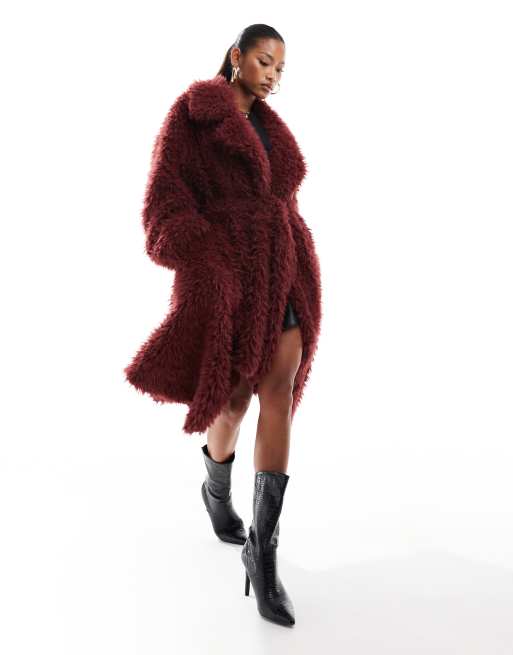 Aria Cove teddy belted coat in burgundy