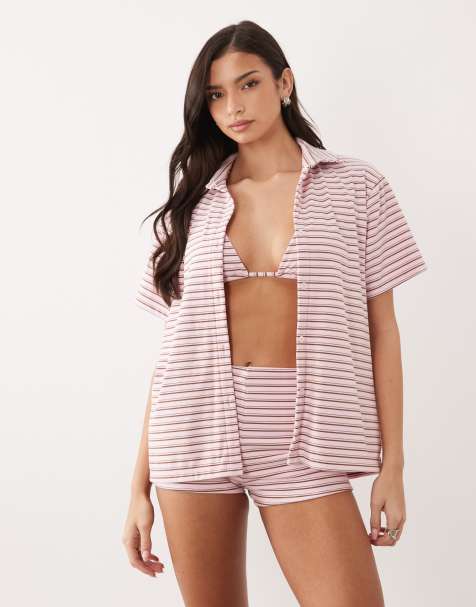Aria Cove terrycloth oversized beach shirt in pink stripe - part of a set - view 1