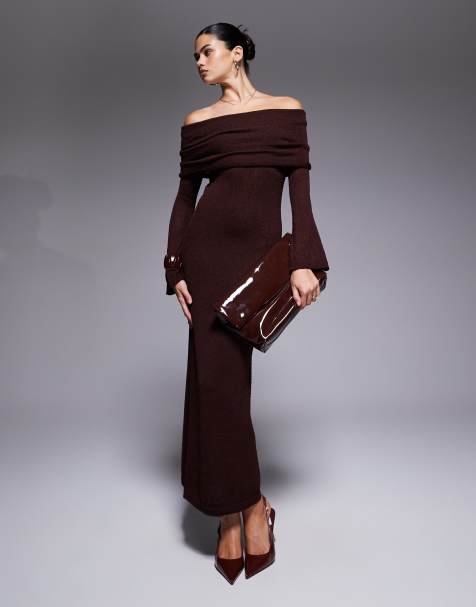 Aria Cove textured boucle bardot foldover maxi jumper dress in chocolate - view 1