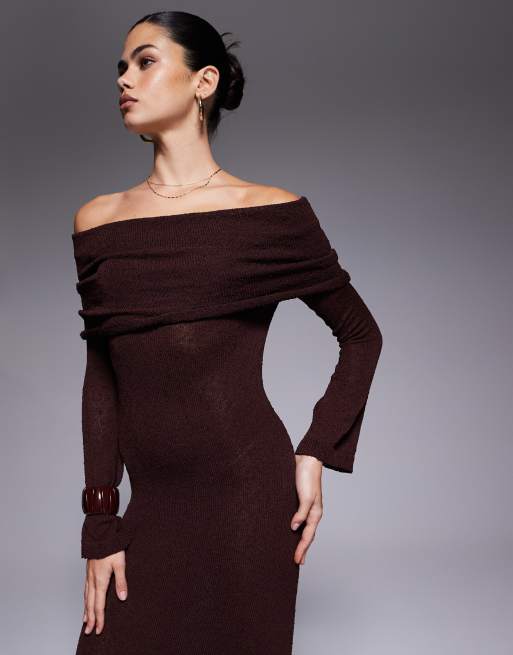 Aria Cove textured boucle bardot foldover maxi sweater dress in chocolate